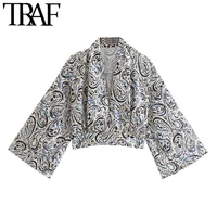 traf women fashion totem print cropped crossover blouses vintage three quarter sleeve side zipper female shirts chic tops