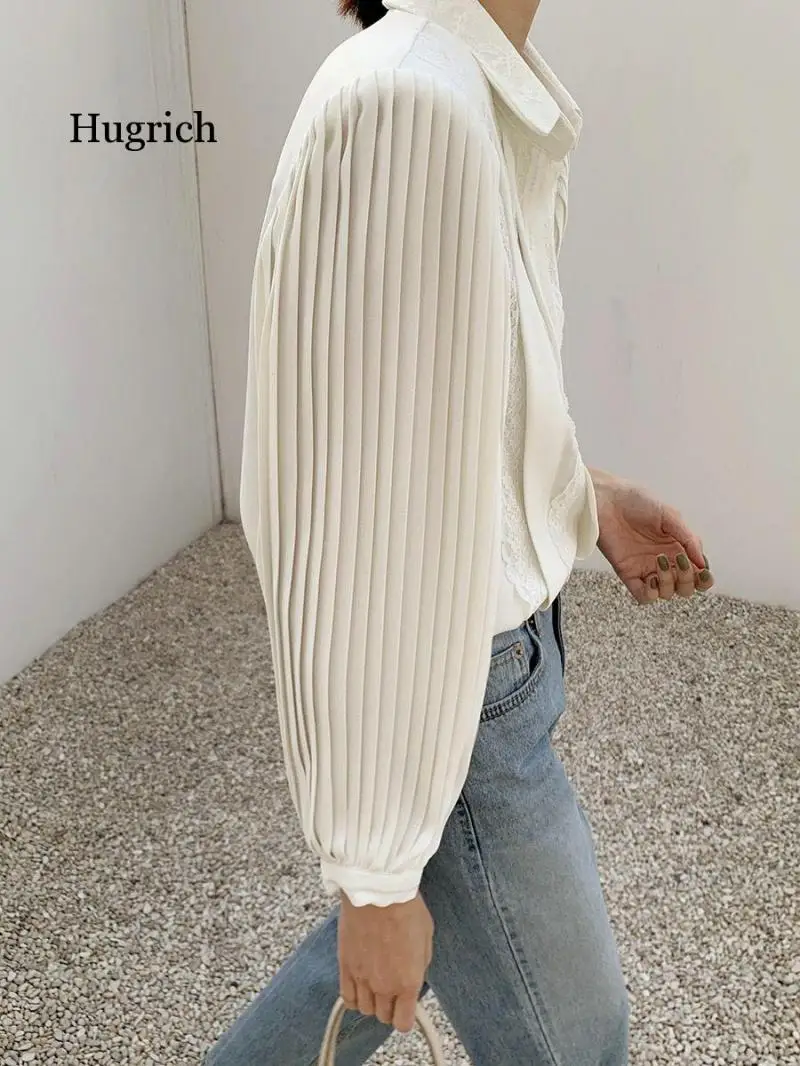 

2021 Spring Fashion New Lace Shirts Lapel White Tops Creamy-White Pleated Long Sleeve Blouse Women Elegant Shirt Female