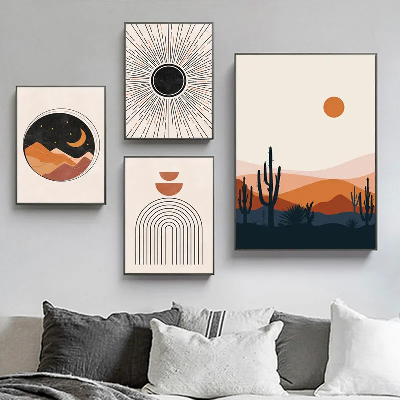 

Abstract Mid Century Rainbows Sun and Moon Canvas Painting Modern Art Print Geometric Wall Art Picture for Living Room