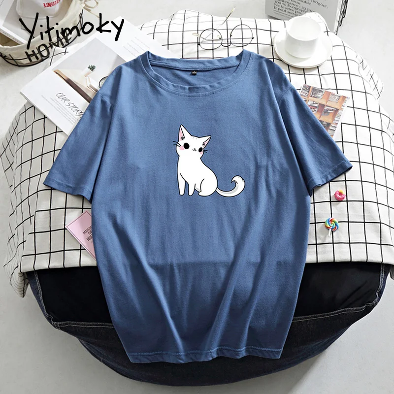 Футболка с милым принтом кота базовая футболка Женская Повседневная круглым