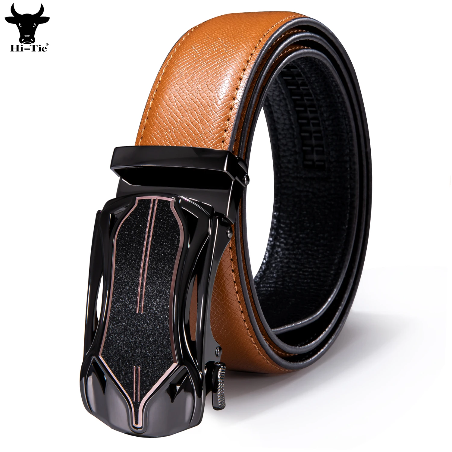 Hi-Tie Novelty Mens Belts Orange Real Leather Sports Car Automatic Buckles Ratchet Waist Belt for Men Dress Jeans Wedding Party