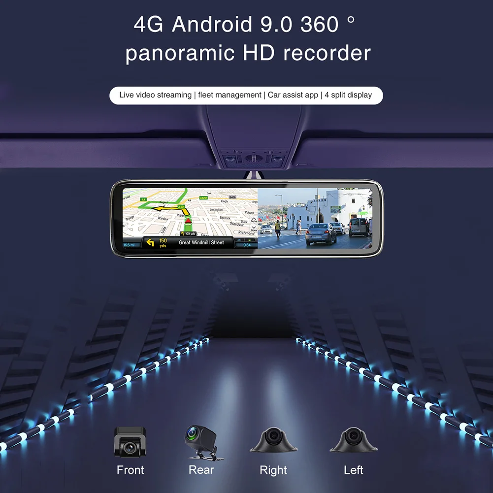 

360-Degree Panoramic Driving Recorder T88 4 Channel 4G Android 9.0 ABS Mirror Dash Cam with 2GB RAM 32GB ROM GPS Navigation