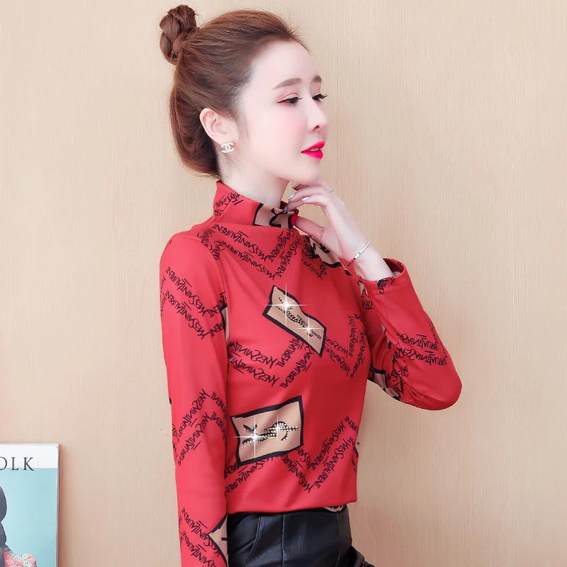 

Fashion Printed Women Blouses Long Sleeve Stand Collar Diamonds Korean Blouse Women Shirts Plus Size Women Tops Chemise Femme