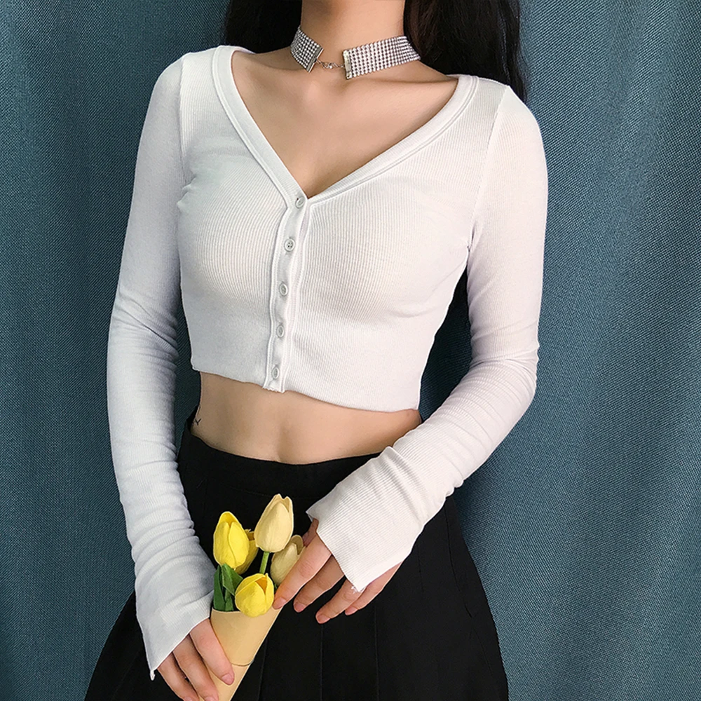 

Basic Skinny Top Woman V-Neck Long Sleeve Solid Black White Casual Tshirt Slim Sexy Fashion Autumn Crop Tops Tee Streetwear