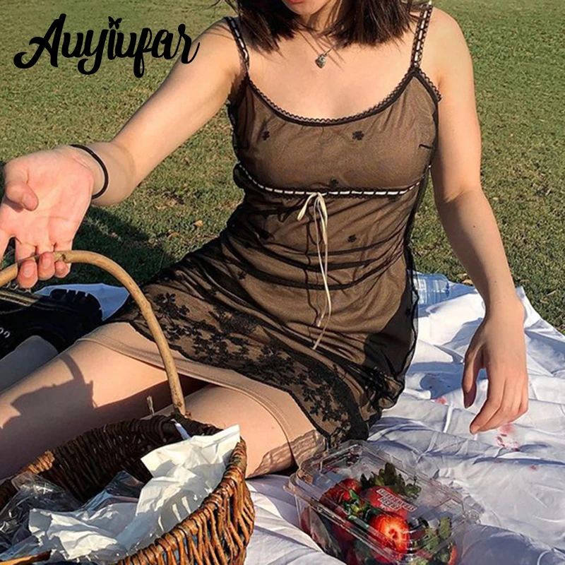 

Auyiufar Black Tie Front Mesh Elfcore Sling A Line Dress Y2k Double Layer Lace Patchwork Aesthetic Outfits Grunge Mini Dresses