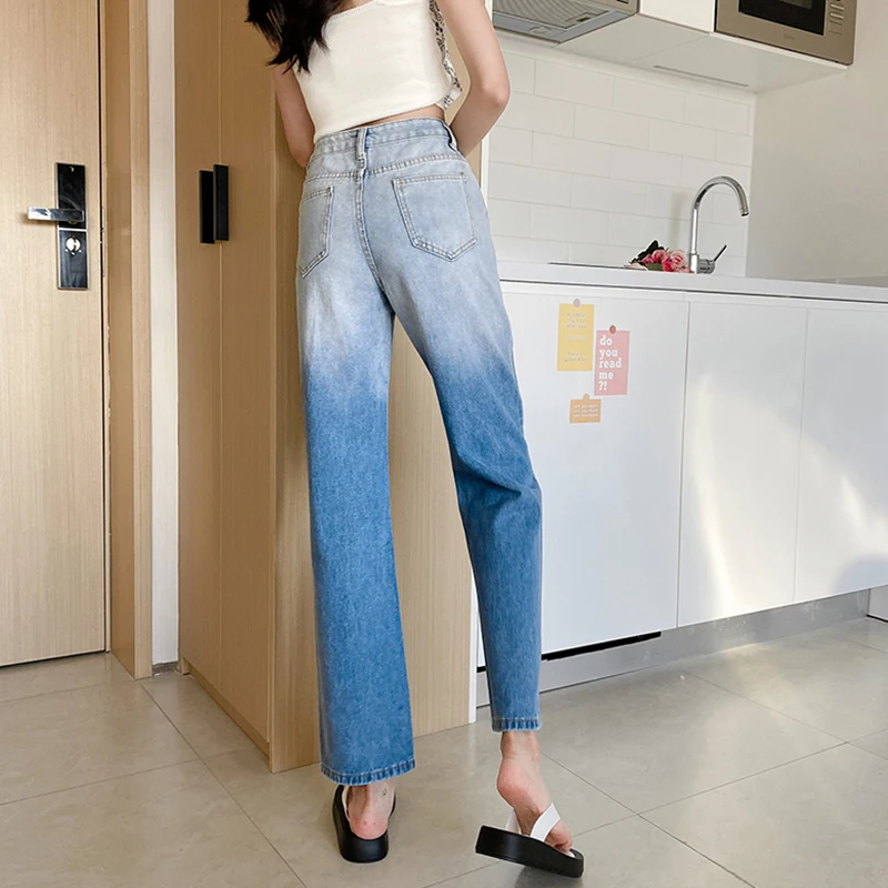 

FTLZZ New Spring Summer Streetwear High Waist Straight Loose Hole Washed Retro Blue Jeans Ladies Vintage Long Denim Pants