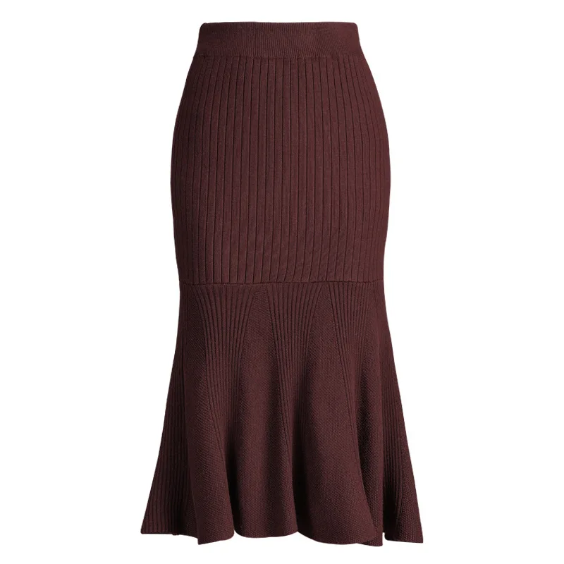 faldas mujer moda 2019 skirts womens autumn winter knit high waist pleated long skirt wool fishtail gothic female jupe femme | Женская
