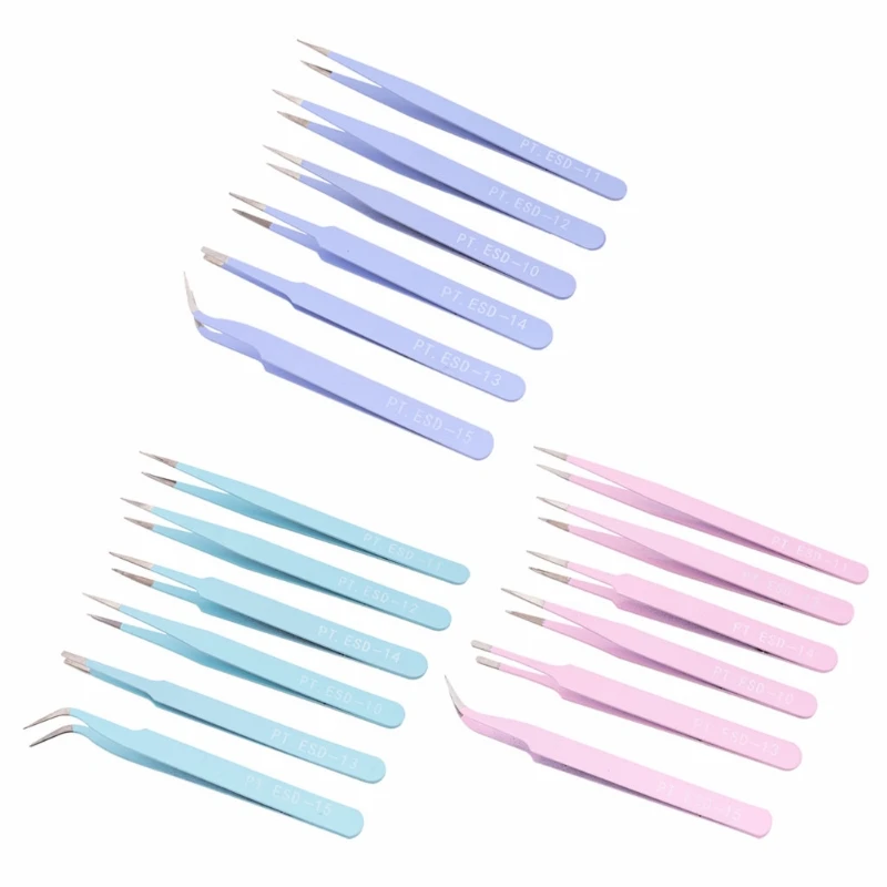 

6Pcs Anti-Static Stainless Steel Straight Curved Tip Tweezers Nippers Kit for Electronics Silicone Resin Jewelry Making