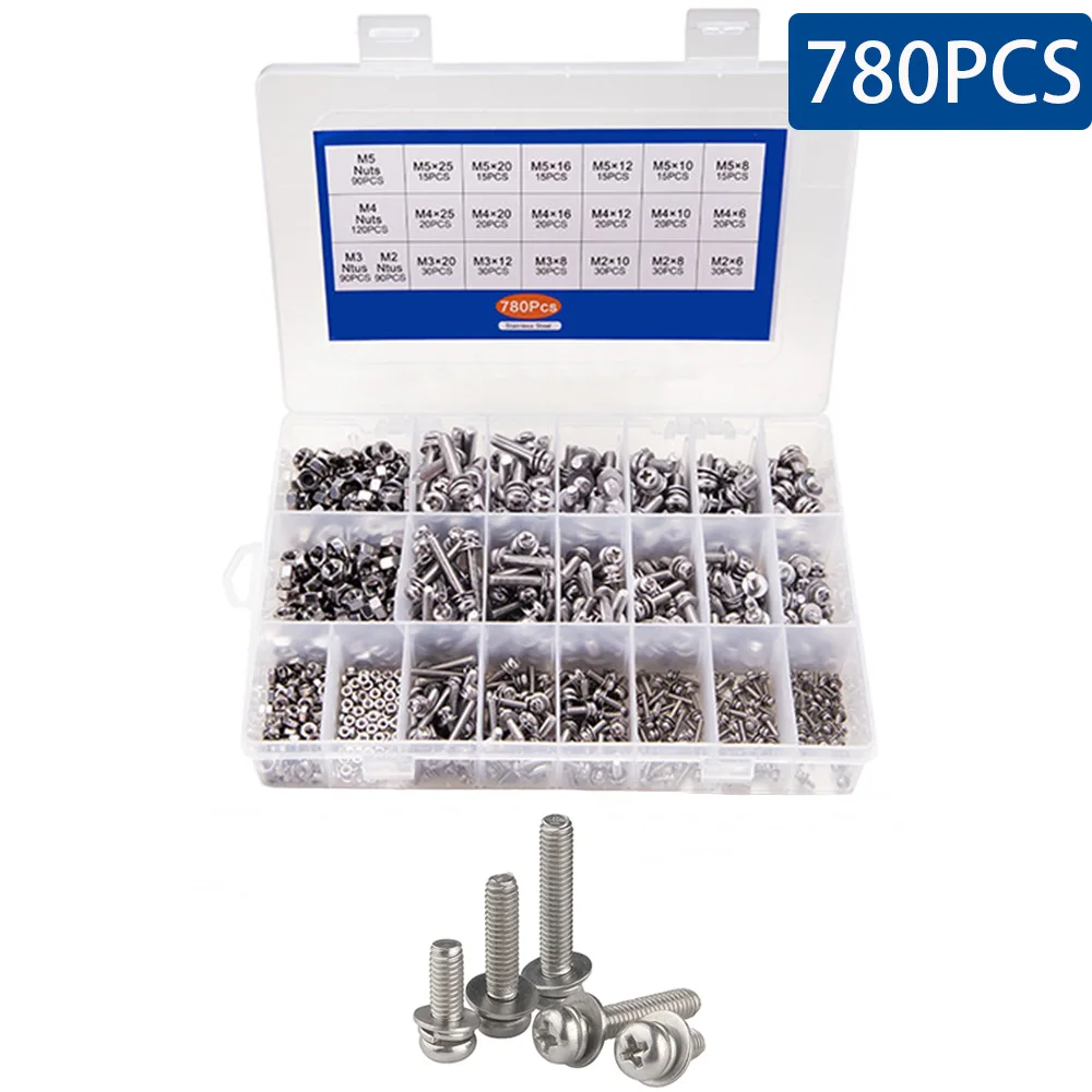 

780PCS/Box M2 M3 M4 M5 Cross Recessed Pan Head Screws Set Phillips Screws With Nut Flat Lock Washers Assortment Kit M2x6 M3x8