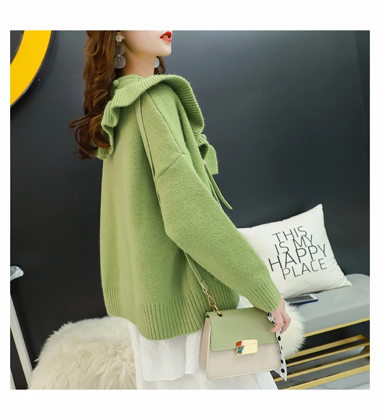 H.SA Women Winter Oversized Sweater Cardigans Big Collar Ruffles Loose Jumpers Green Beige Cardigans Feminino Button Up