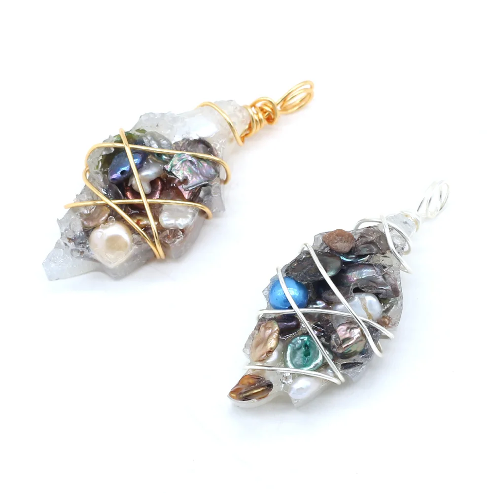 

Pendant Natural Semi-precious Stones Winding Gold Wire Irregular Horse Eye Pearl Random Color For Men Women Jewelry Gift27x30mm