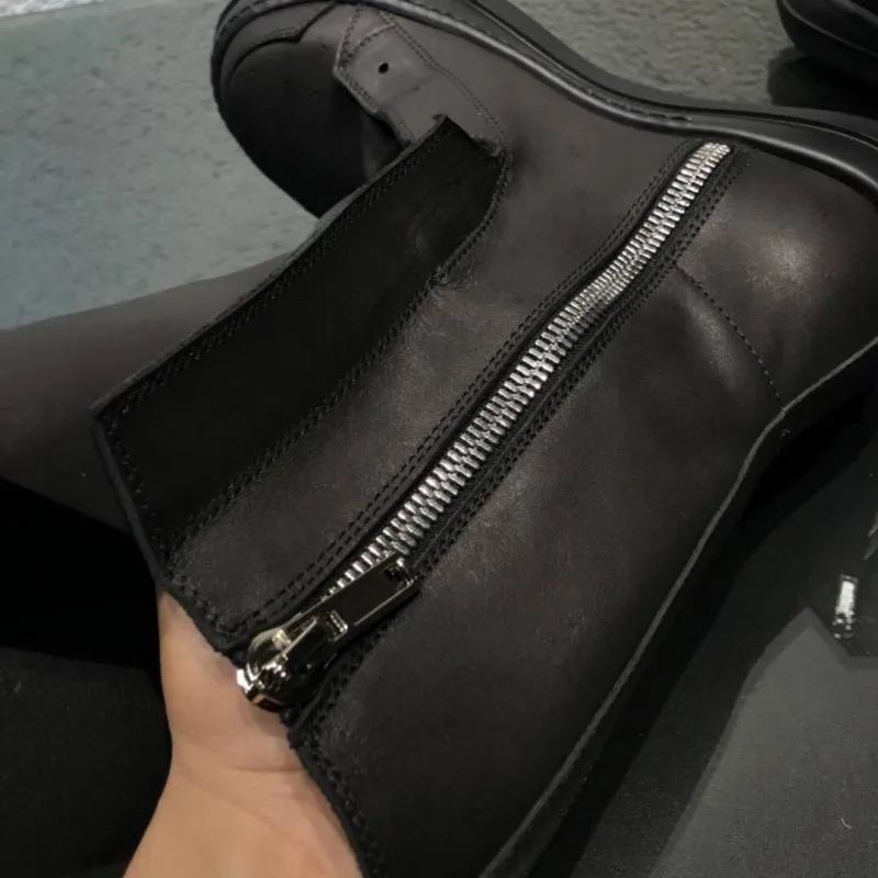 Черные ботинки Мужская обувь из натуральной коровьей кожи высокие на молнии