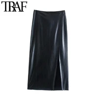 traf women fashion front slit faux leather office wear midi skirt vintage high waist back zipper female skirts mujer