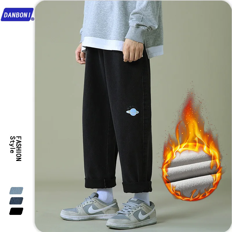 

Men's Winter Lns Hong Kong Style Jeans Men's Trendy Brand Straight Loose Plus Cashmere Old Pants Printed Casual Pants
