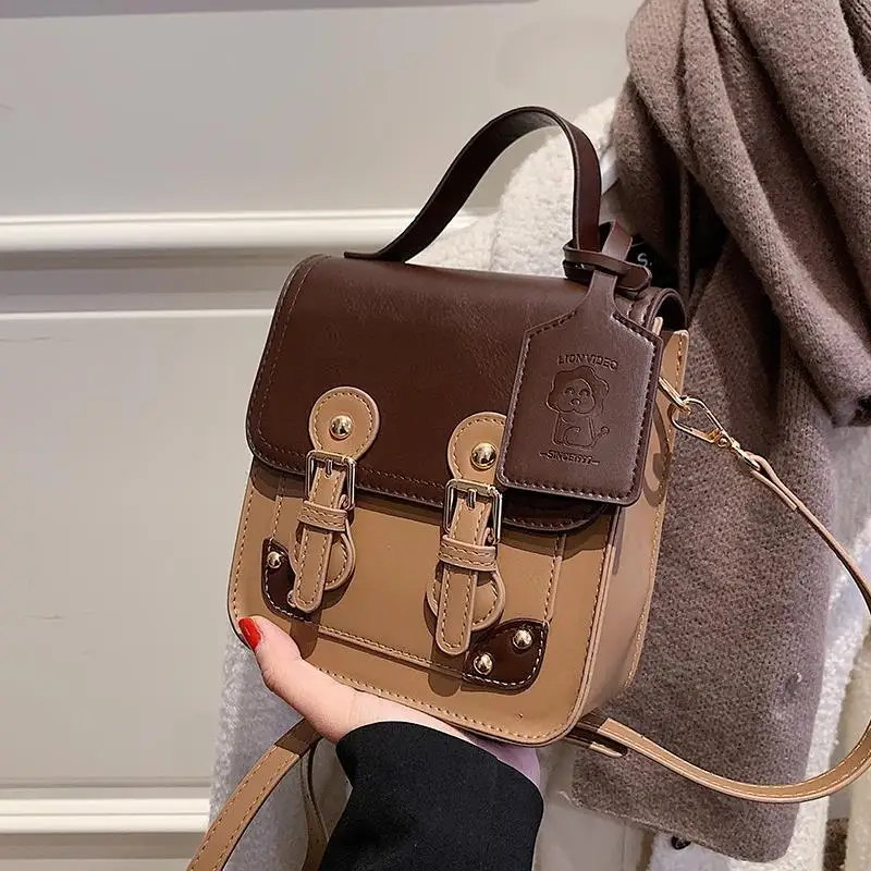 

Vintage Portable Bags For Women Small Square Bag Brown Black Rivets Flap Satchels Handbags Women Casual Shoulder Crossbody Bags