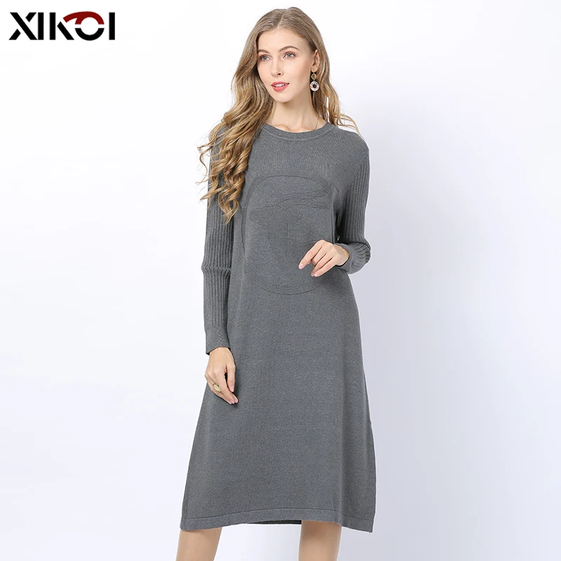 XIKOI Autumn Winter Solid Knitted Sweater Dresses Women Cute Deer Print Loose O-neck Pullover Female Vestidos Feminino | Женская одежда