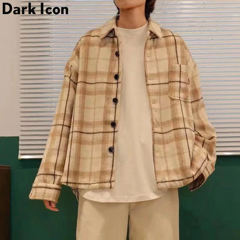 Мужская шерстяная клетчатая куртка с отложным воротником темного икона 2019