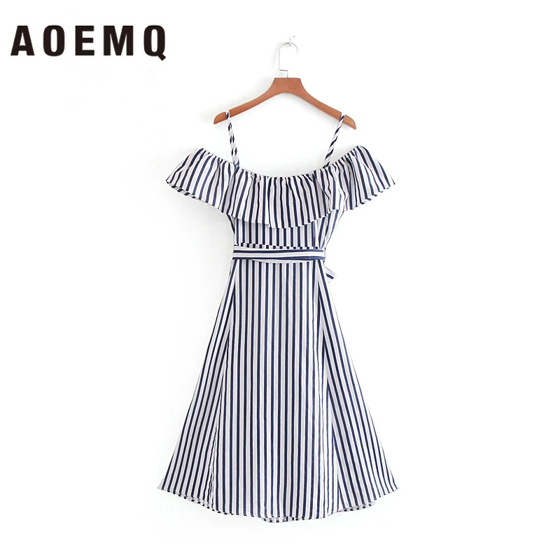 AOEMQ брендовые летние платья в полоску с оборками глубокий цвет модные открытыми