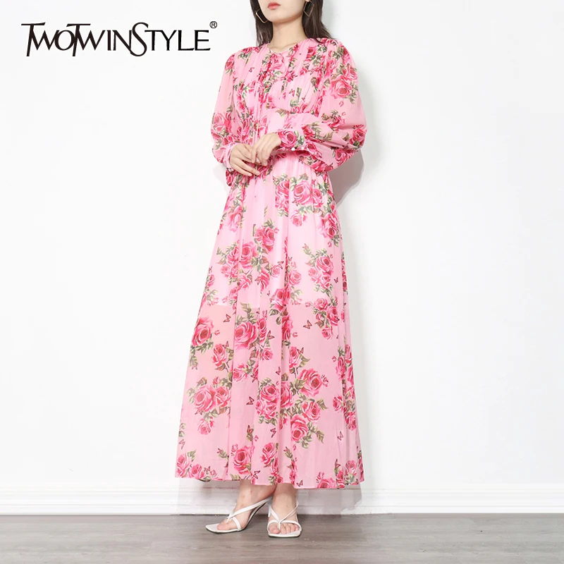 

TWOTWINSTYLE Floral Print Autumn Long Dress Women Round Neck Long Sleeve High Waist Vintage Dresses Female Fashion New Style