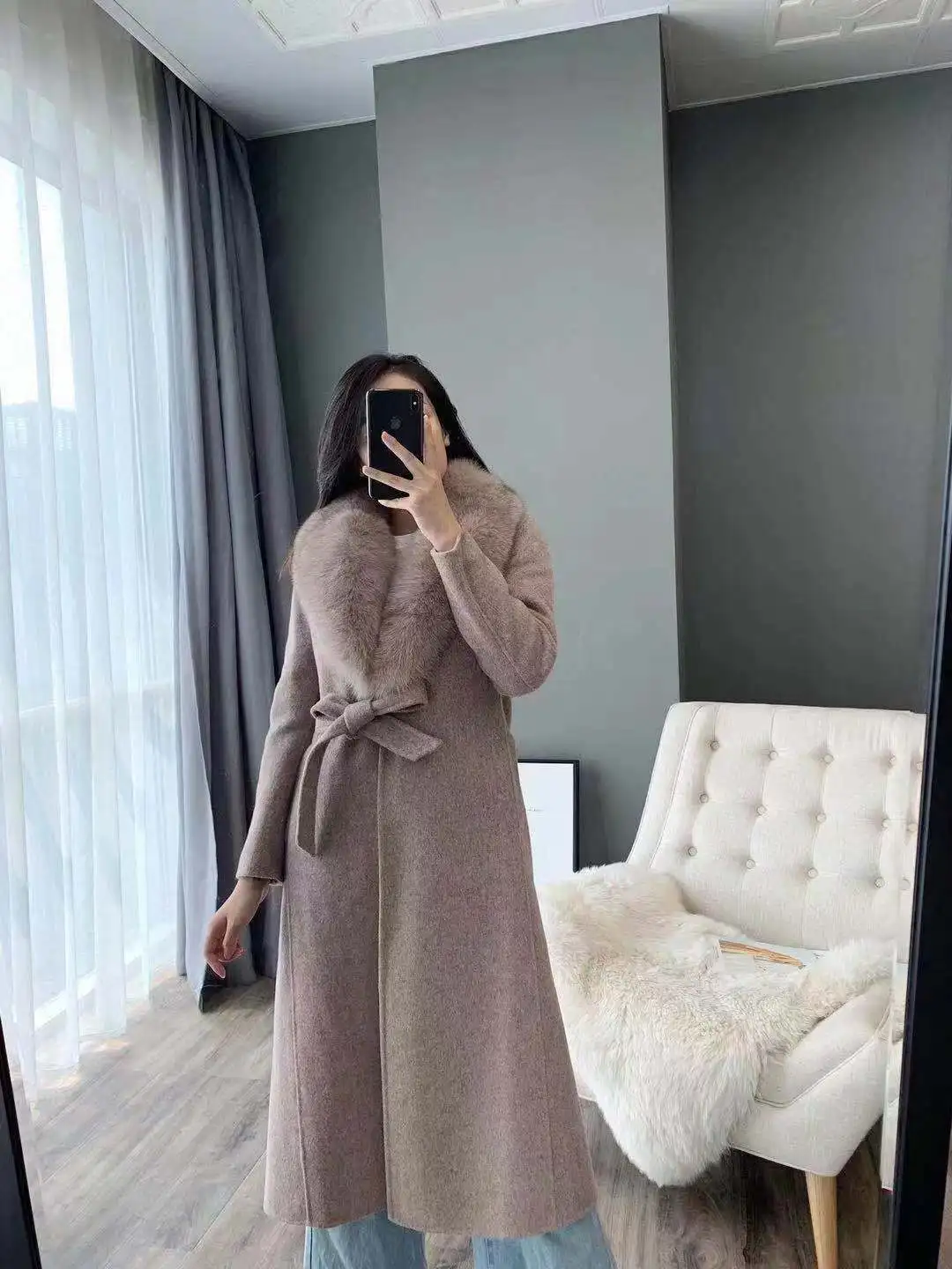 OFTBUY зимняя куртка женская шуба из натурального меха лисы воротник кашемир шерсть смесь Длинная Верхняя одежда с поясом женская уличная
