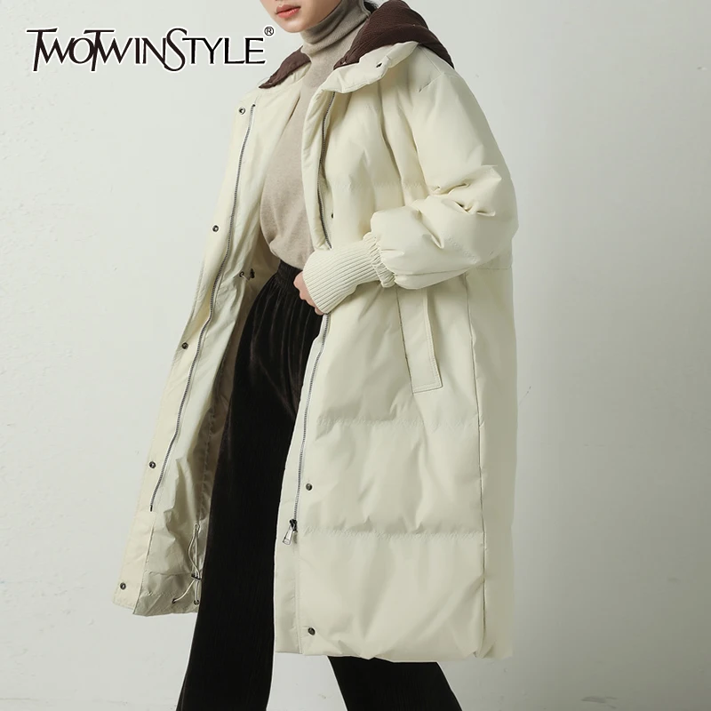 

TWOTWINSTYLE Solid Casual Coat For Women Hooded Collar Long Sleeve Minimalist Cotton Coats Female Korean Fashion Winter Clothing