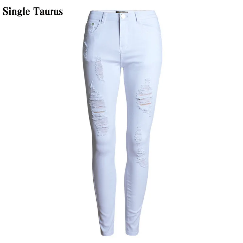

Повседневные белые потертые джинсы для женщин с высокой талией, рваные винтажные офисные женские узкие джинсовые брюки, женские джинсы