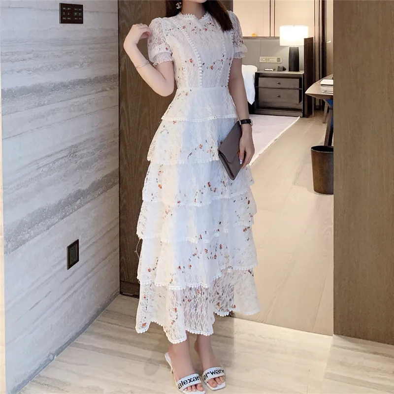 

С принтом элегантные вечерние шифоновое тонкое темпераментное кружевное праздничные платья Женская летняя обувь с коротким рукавом Высок...