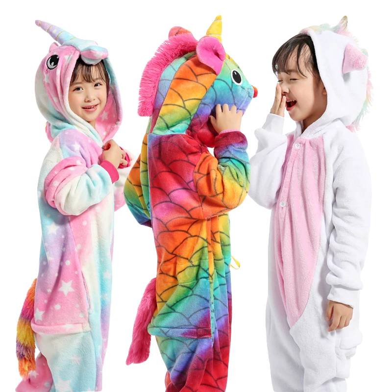 Детские пижамы кигуруми для девочек; одежда для сна с единорогом; комбинезон с рисунком животных; детские пижамы; зимний теплый комбинезон; костюмы для маленьких мальчиков