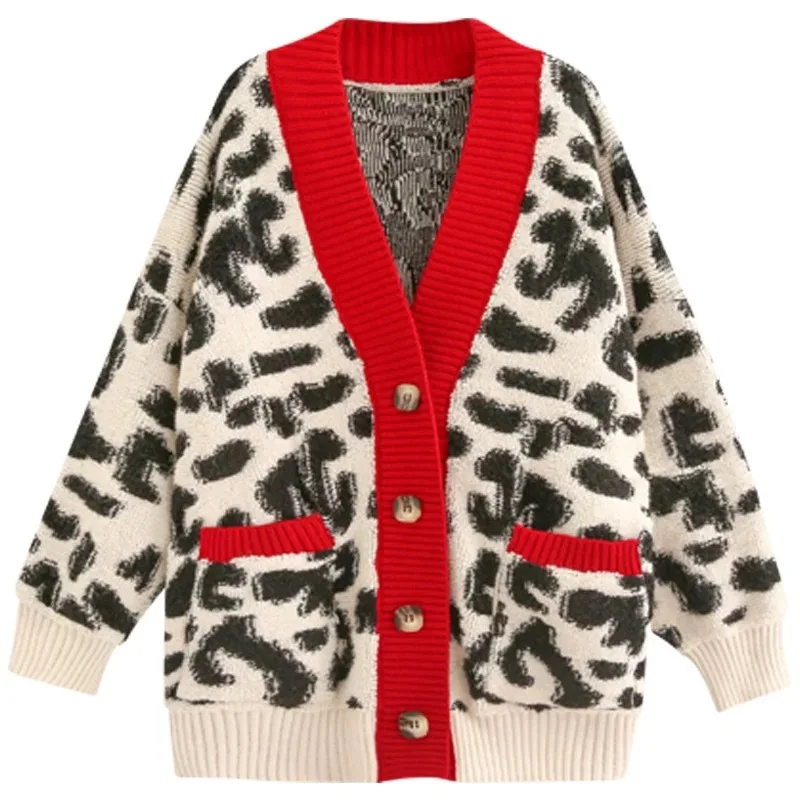

SHENGPALAE 2021 New Autumn V Neck Button Casual Loose Knit Cardigan Women Long Sleeve Fashionable Leopard Sweater ZA5273