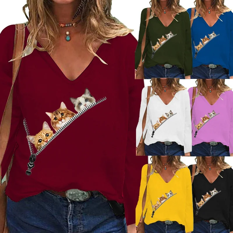 

Осенняя Женская Повседневная модная Однотонная рубашка с принтом милого кота с длинными рукавами Свободный пуловер с V-образным вырезом Фу...
