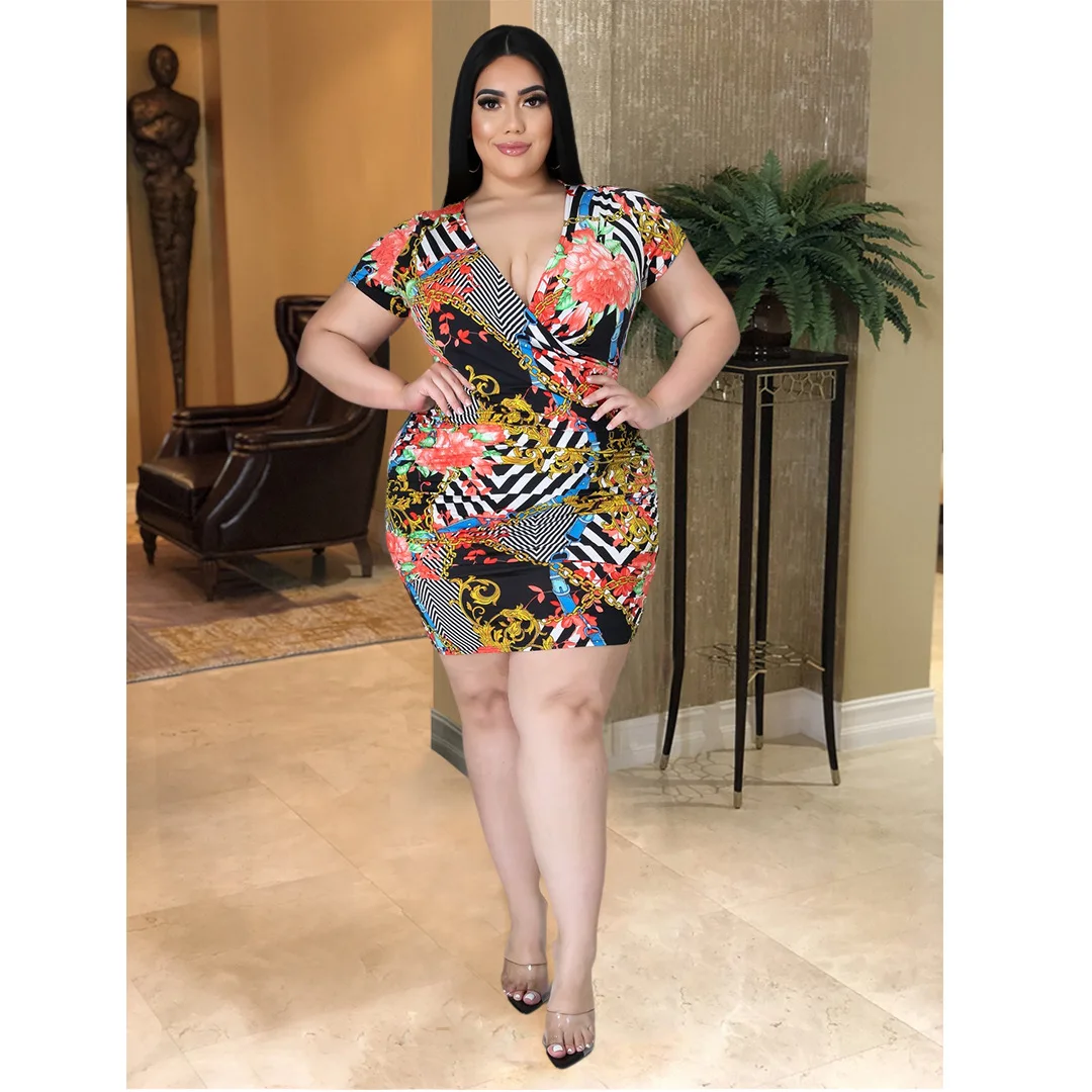 

Plus Size Women Dresses Summer Fashion Sexy V Neck Floral Gold Chain Print Pleated y2k Short Sleeve Dress платье 2021