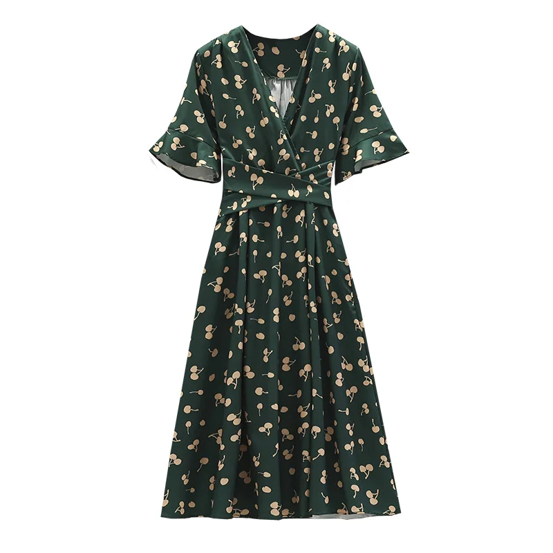 

Plus size women print chiffon dresses Summer sexy deep v neck high waist midi dresses elegant vintage ruffles sleeve long dress