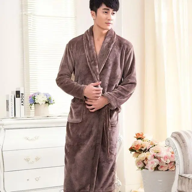 Men&women Coral Fleece Print Bow Robe Flannel Sleepwear Kimono Bathrobe Gown Winter Warm Thick Home Dressing Gown - Цвет: Men 6