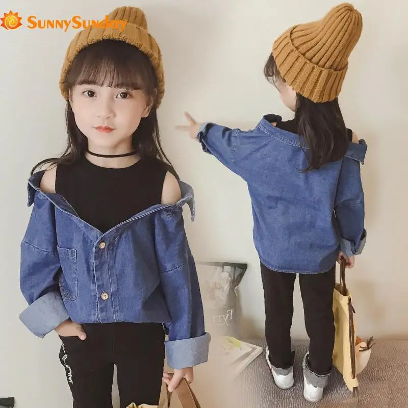

3-8 Years Fashion Spring & Autumn Long-Sleeved Single-Breasted Denim Coat For Baby Girls Fake Two Pieces Bare Shoulder Shirt