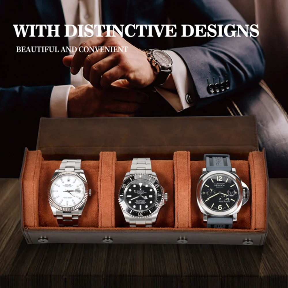 Watch Case for men 3 -Slot Watch Roll Travel Case Storage Organizer & Display Handmade accessory Portable Jewelry Round Box Gift images - 6