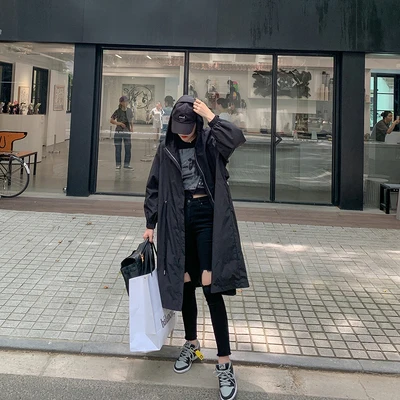 

Свободная ветровка hanLadies в стиле Хепберн с капюшоном, весенне-осенняя черная темпераментная популярная Высококачественная трендовая куртк...