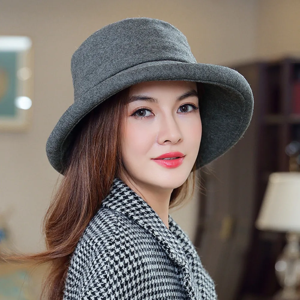 

2021 Autumn and Winter Women High Quality 50% Wool Wide Brim Bucket Hats Lady Fashion Warm Flat Top Felt Fisherman Hat 56-58cm