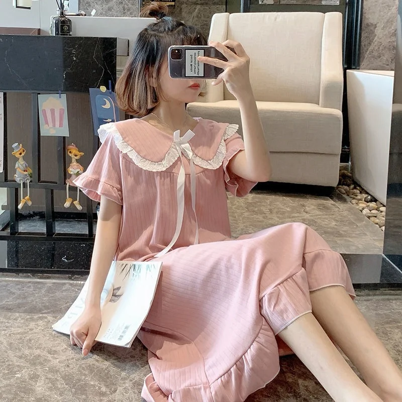 

Short-sleeved pure color thin pajamas sweet princess style female long pajamas summer female Japanese students sleeping dress