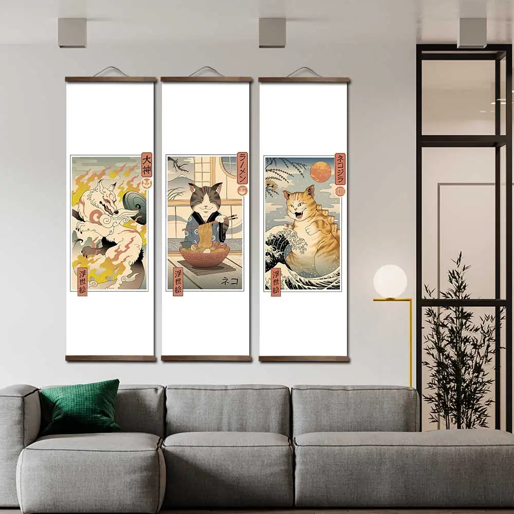Japanese style ukiyoe poster picture living room home decoration painting wall art solid wood hanging scroll gift animal decor