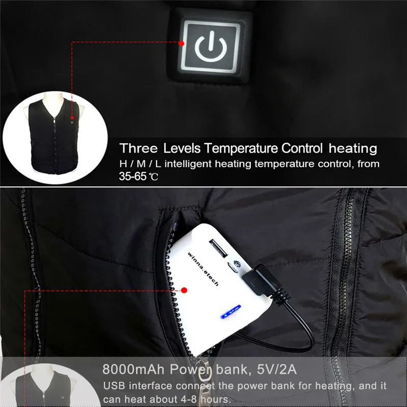 Черные жилеты с подогревом блоком питания хлопчатобумажный утепленный жилет