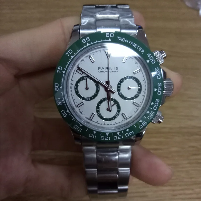 

New Arrived 2019 Parnis 39mm Quartz Men Watches Chronograph Green Bezel White Dial Sapphire Crystal Luminous Men's Wrist Watch