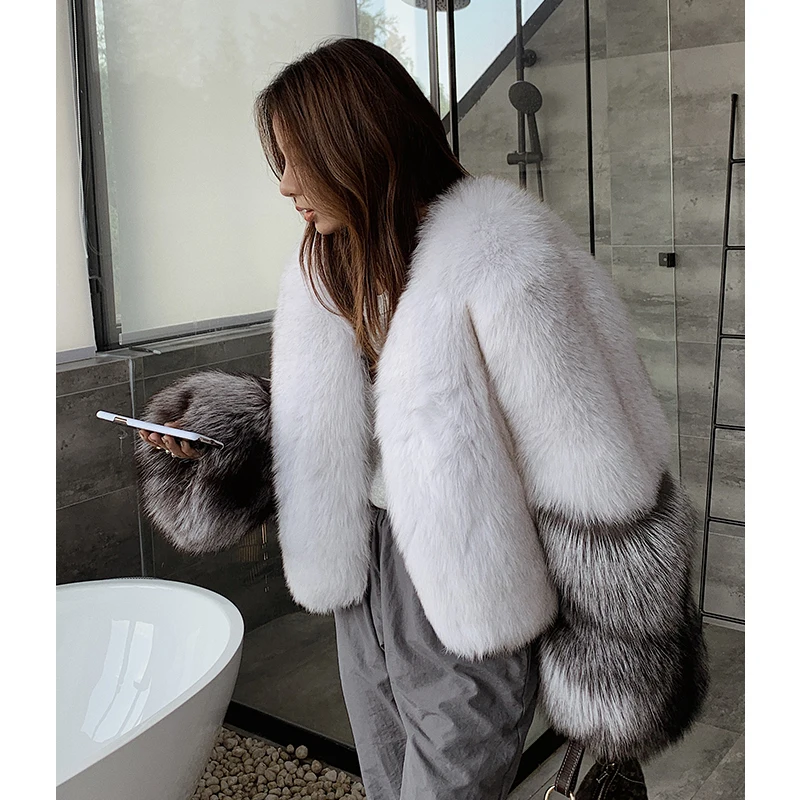 Fashion Women Real Fox Fur Jacket Short Women Outwear High Qualuty Natural Whole Skin Genuine Fur Coat With Silver Fox Fur Cuff