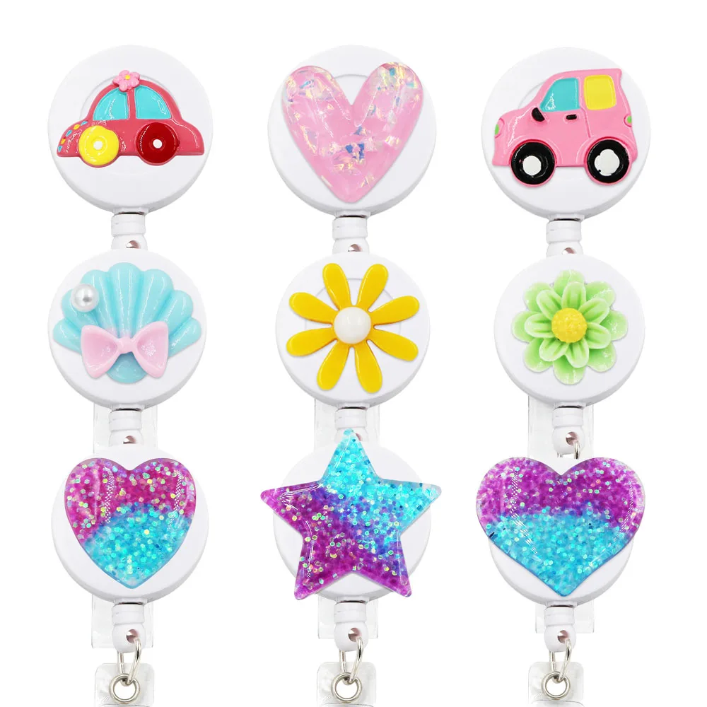 

Car Flower Shell Heart Retractable Badge Holder Pull ID Card 3D Badge Holders For Nurse Student Hospital Office