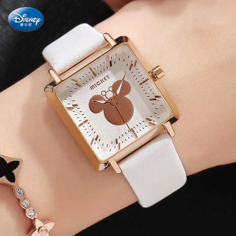 Disney Mickey Mouse Women Quartz Watch 3Bar Waterproof Simple Fashion Cute Square Leather Strap Women Watches Gift Alloy Buckle