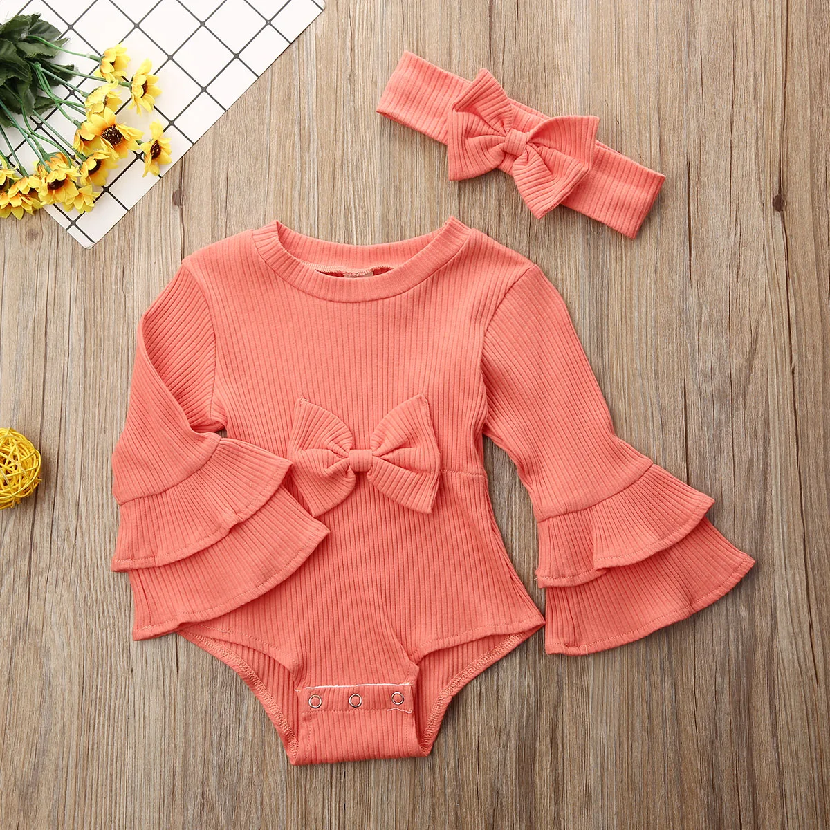 

Imcute Newborn Baby Girls Knitted Romper Flare Sleeve Ruffle Bowknot Bodysuit with Headband Autumn Clothes