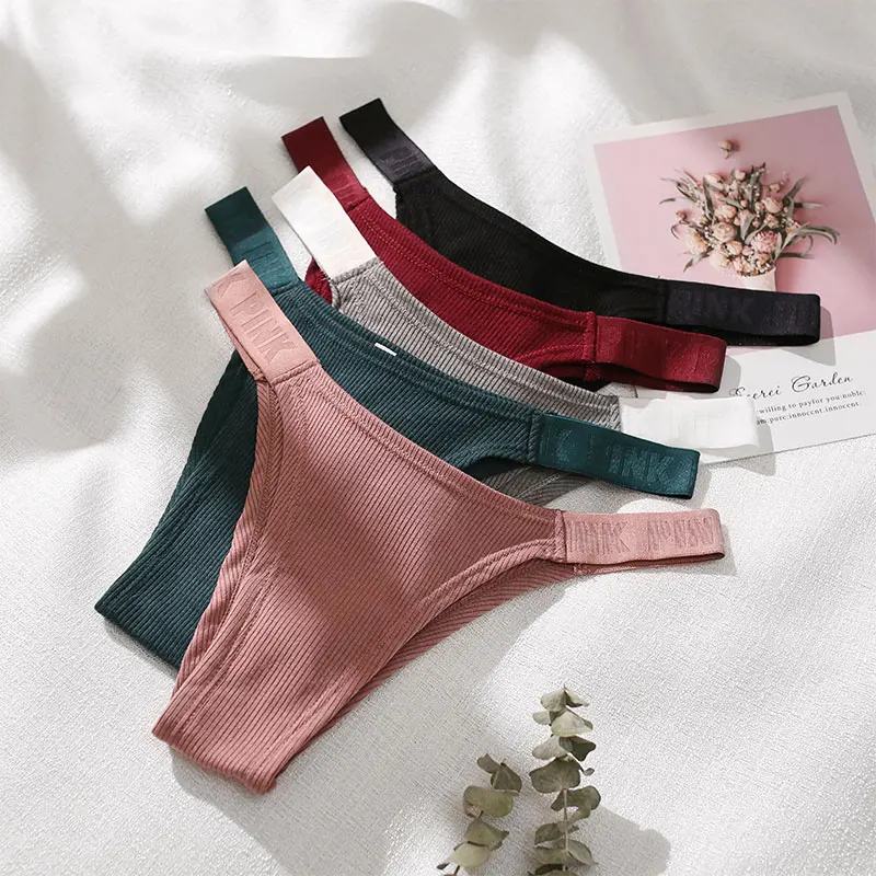 

Letter Pink Cotton Women Thong Elastic Comfy Underwear Ribbed High Quality Female Panties high-Cut Low Waist Ladies Lingerie