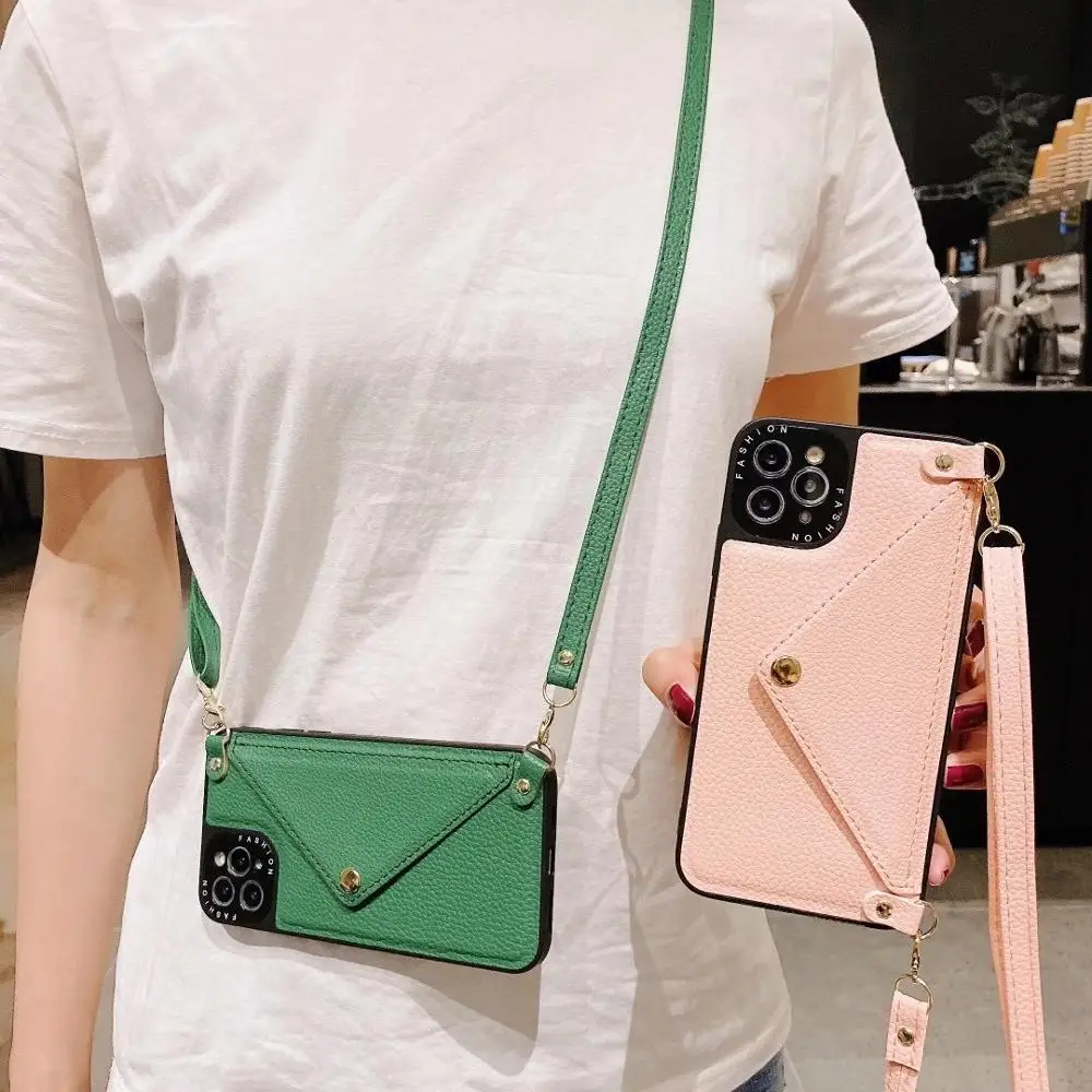 

Long chain phone case for iphone 11 12 mini Pro Max XR XS MAX 7 8 plus crossbody cover card holder lanyard chain phone bag capa