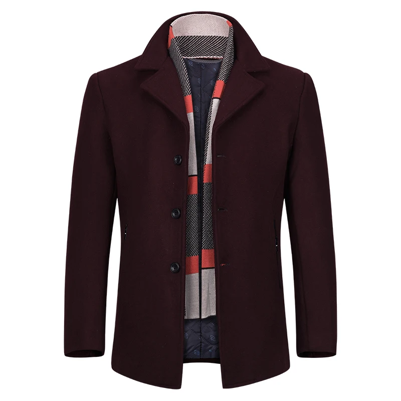 Wine red YOUTHUP шерстяное мужское пальто с шарфом однобортное плотное пальто Верхняя одежда Мужская куртка для фитнеса уличная 4 цвета M-4XL - Цвет: Wine red