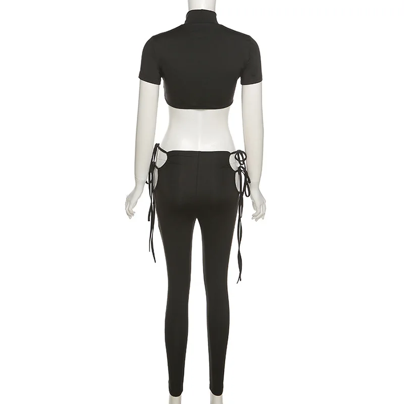 

ANJAMANOR Sexy Black 2 Piece Sets Fall 2021 Womens Fashion Bodycon Club Outfits Hollow Out Tie Up Crop Top Pants Suits D87-CF33