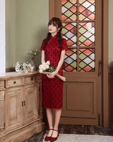 chinese dress young girl fashion atmosphere daily slim slimming short sleeved mid length lace cheongsam dress